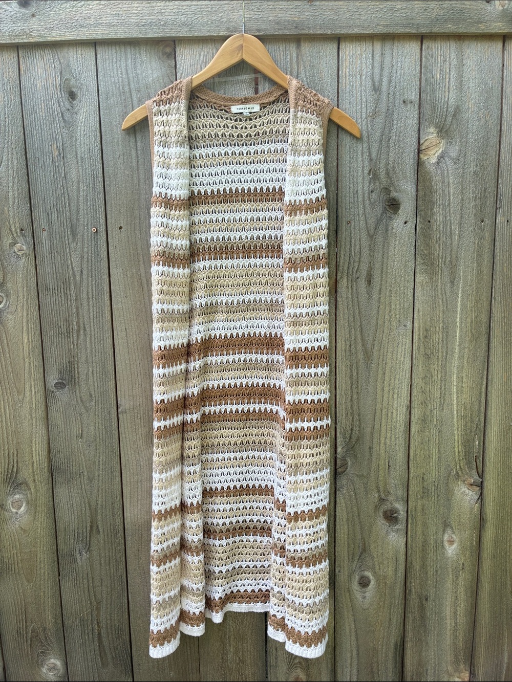 Hooked up Crochet Open-Front Long Vest-Topper in Cream and Tan